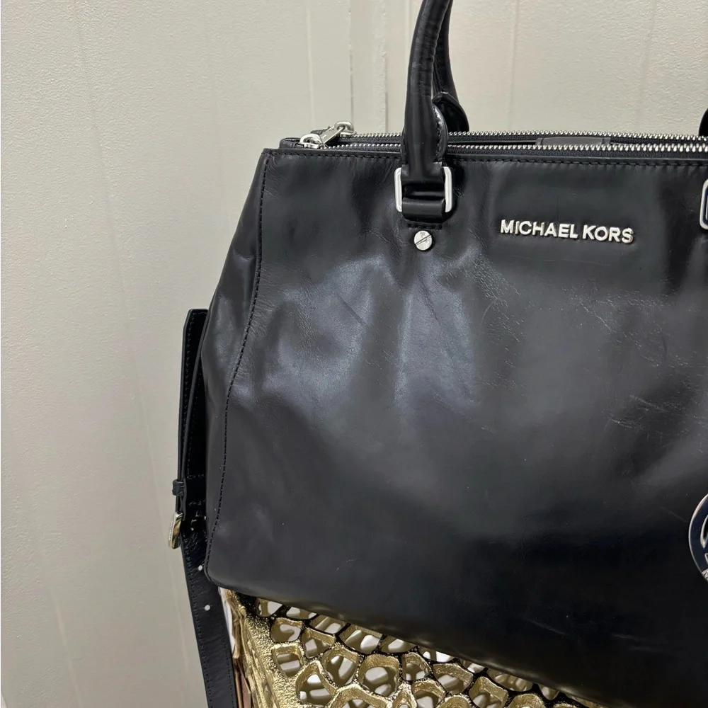 Michael Kors Black Leather Tote with Silver Charm